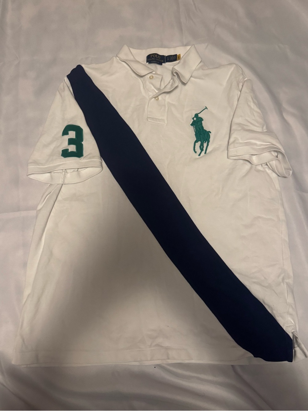 Polo by Ralph Lauren White Polo with Navy Rugby Stripe & Green Pony